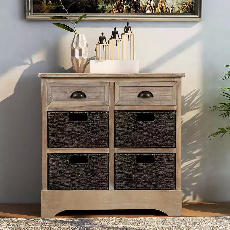 Solid Wood Storage Cabinet with Drawers and Rattan Baskets