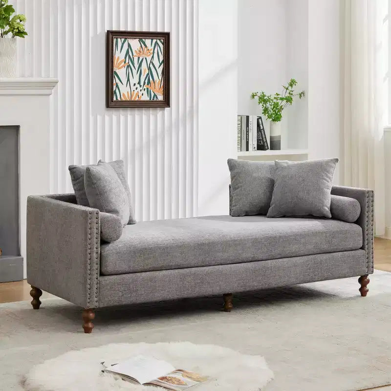 Chenille Upholstered Chaise Lounge with Nailhead Trim