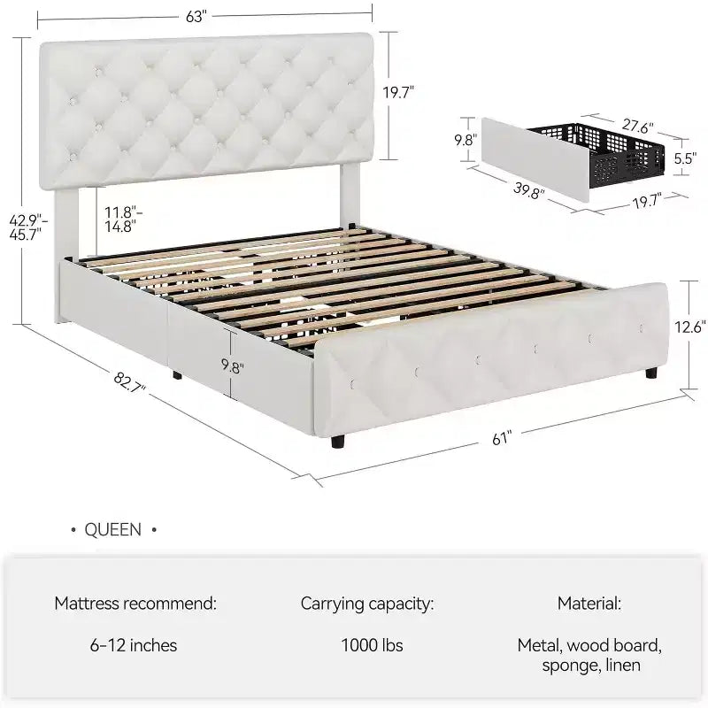 Queen Size Bed Frame with 4 Storage Drawers, Adjustable Headboard, Faux Leather Upholstered Platform, Diamond Tufted, No Box Spring, White