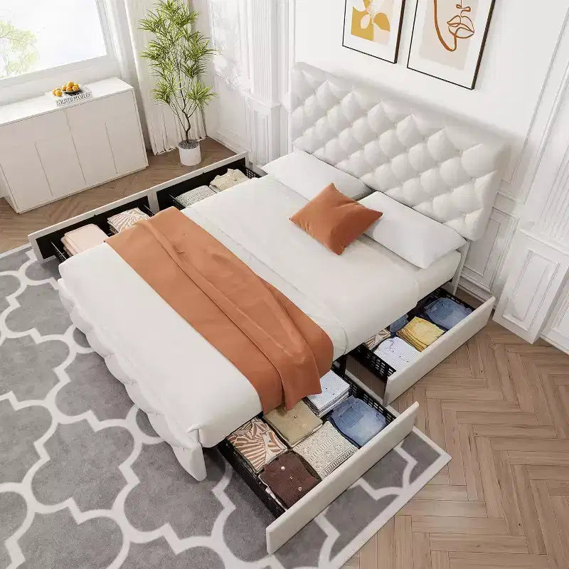 Queen Size Bed Frame with 4 Storage Drawers, Adjustable Headboard, Faux Leather Upholstered Platform, Diamond Tufted, No Box Spring, White