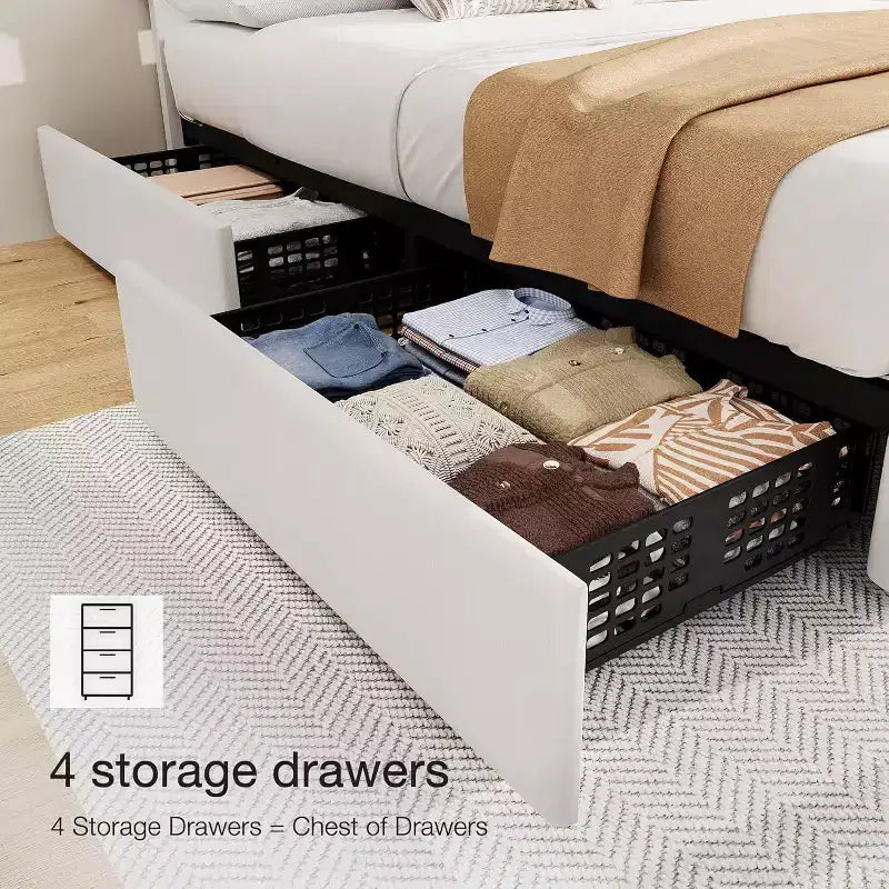 Queen Size Bed Frame with 4 Storage Drawers, Adjustable Headboard, Faux Leather Upholstered Platform, Diamond Tufted, No Box Spring, White