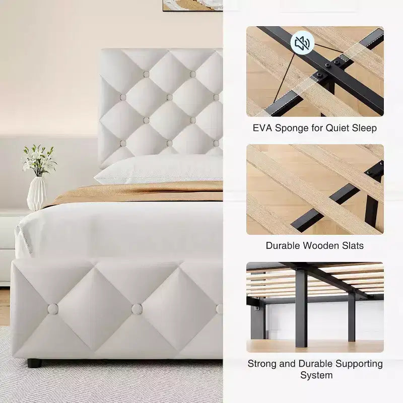 Queen Size Bed Frame with 4 Storage Drawers, Adjustable Headboard, Faux Leather Upholstered Platform, Diamond Tufted, No Box Spring, White