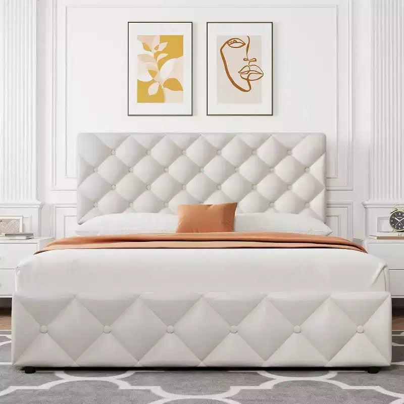 Queen Size Bed Frame with 4 Storage Drawers, Adjustable Headboard, Faux Leather Upholstered Platform, Diamond Tufted, No Box Spring, White