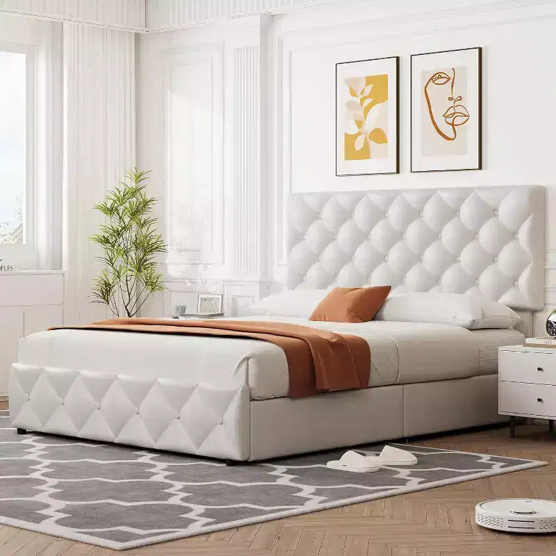 Queen Size Bed Frame with 4 Storage Drawers, Adjustable Headboard, Faux Leather Upholstered Platform, Diamond Tufted, No Box Spring, White