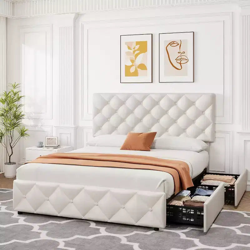 Queen Size Bed Frame with 4 Storage Drawers, Adjustable Headboard, Faux Leather Upholstered Platform, Diamond Tufted, No Box Spring, White