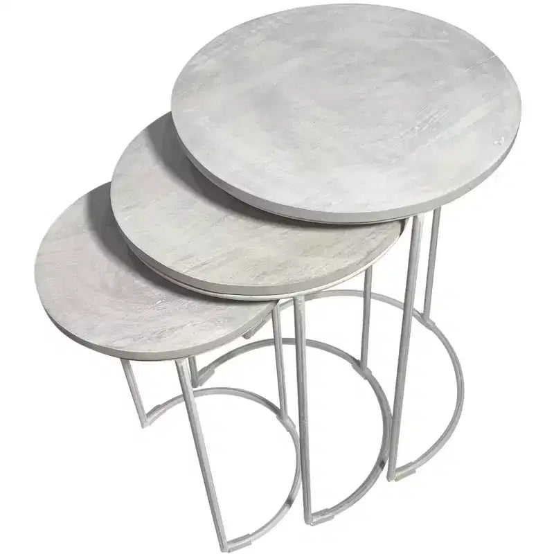 Set of Two White Solid Wood and Metal Round Frame Nested Tables