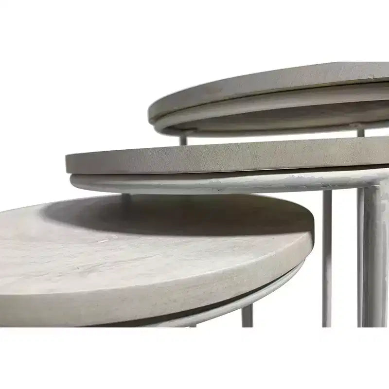 Set of Two White Solid Wood and Metal Round Frame Nested Tables