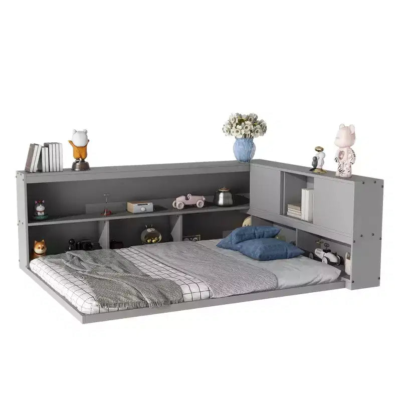 Full Size L Shaped Bed with Bookcase, Wood Daybed with Storage Bookcase Headboard, Full Size daybed Frame for Adults, Kids, Teens, Grey
