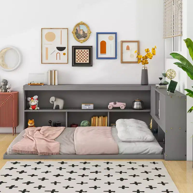 Full Size L Shaped Bed with Bookcase, Wood Daybed with Storage Bookcase Headboard, Full Size daybed Frame for Adults, Kids, Teens, Grey