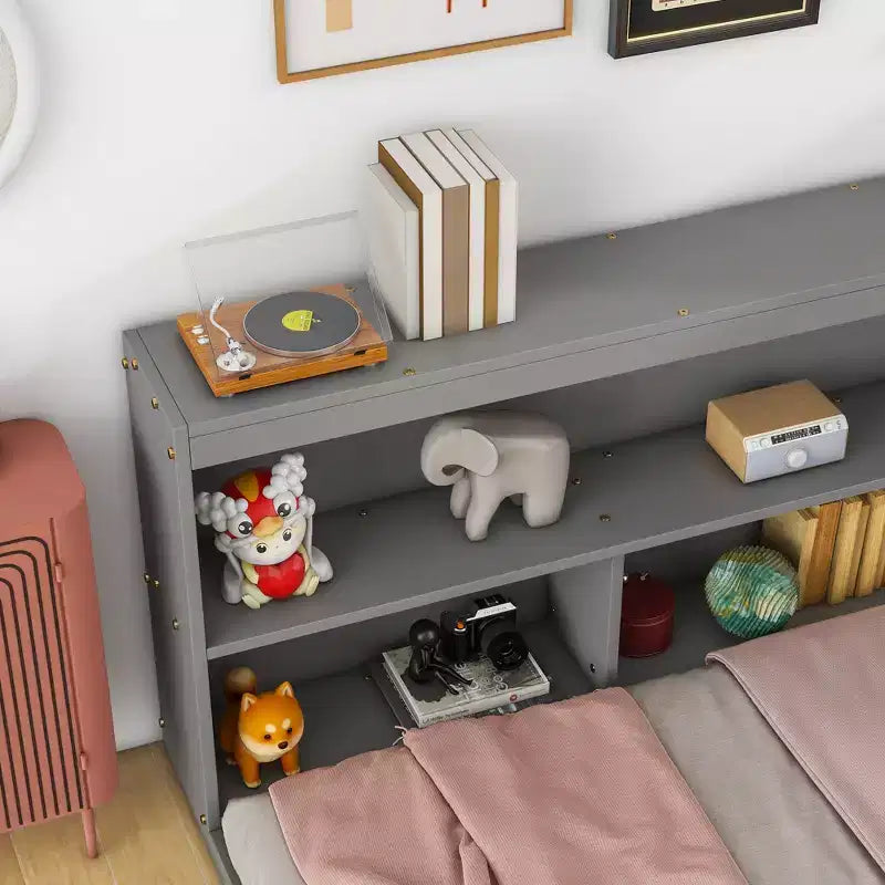 Full Size L Shaped Bed with Bookcase, Wood Daybed with Storage Bookcase Headboard, Full Size daybed Frame for Adults, Kids, Teens, Grey
