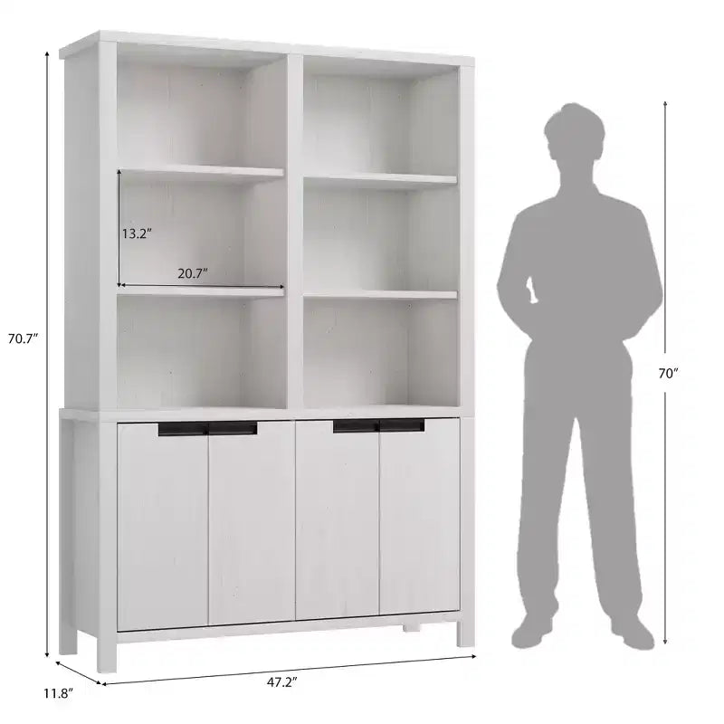 70.7 Tall Bookshelf w/Doors & Adjustable Shelf, 5-Tier Double Wide Bookcase with Cabinet and Double Storage, Wooden Book Shelf Farmhouse Bookcase