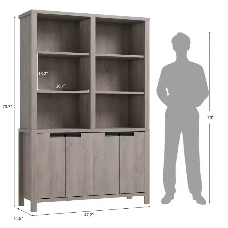 70.7 Tall Bookshelf w/Doors & Adjustable Shelf, 5-Tier Double Wide Bookcase with Cabinet and Double Storage, Wooden Book Shelf Farmhouse Bookcase