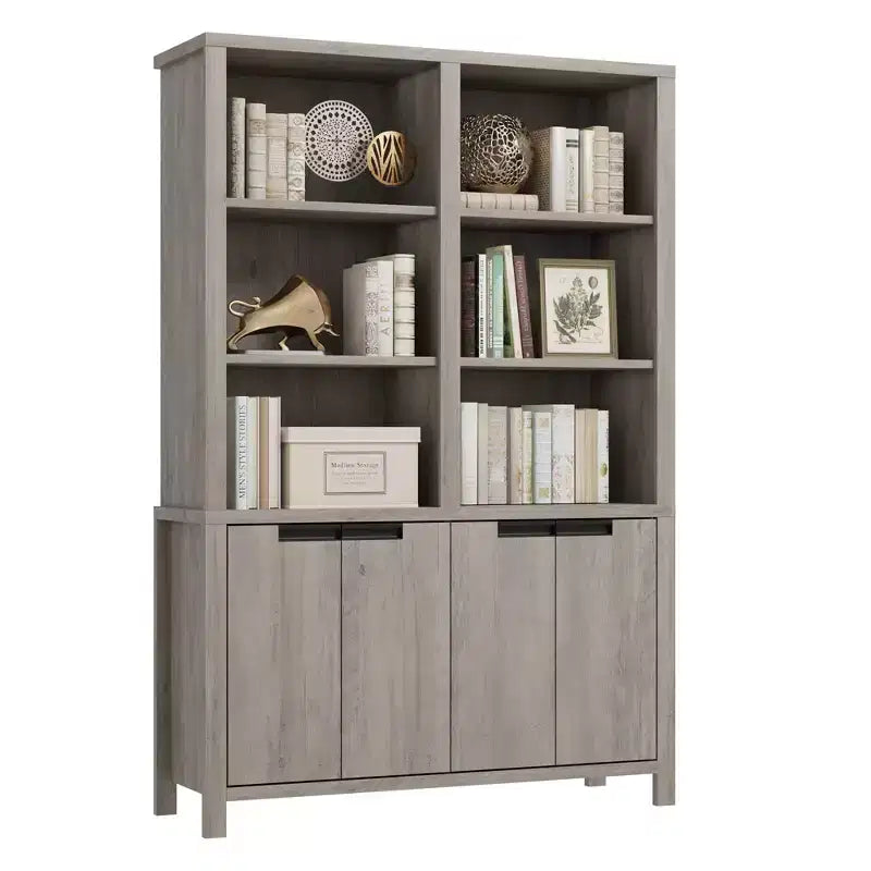 70.7 Tall Bookshelf w/Doors & Adjustable Shelf, 5-Tier Double Wide Bookcase with Cabinet and Double Storage, Wooden Book Shelf Farmhouse Bookcase