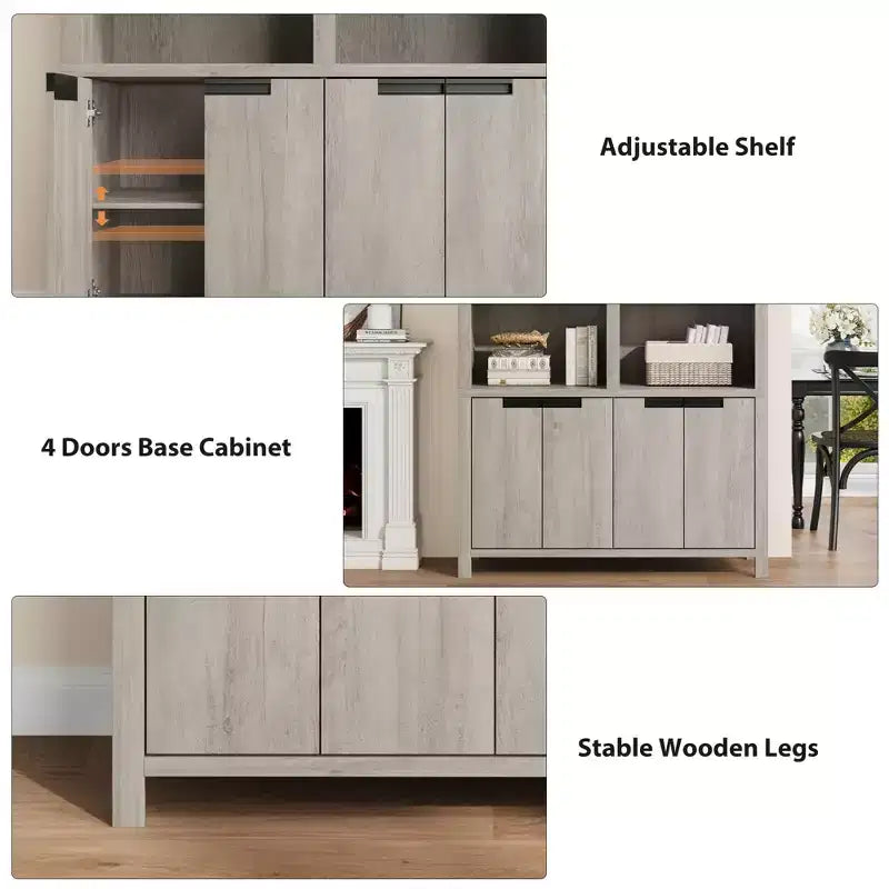 70.7 Tall Bookshelf w/Doors & Adjustable Shelf, 5-Tier Double Wide Bookcase with Cabinet and Double Storage, Wooden Book Shelf Farmhouse Bookcase