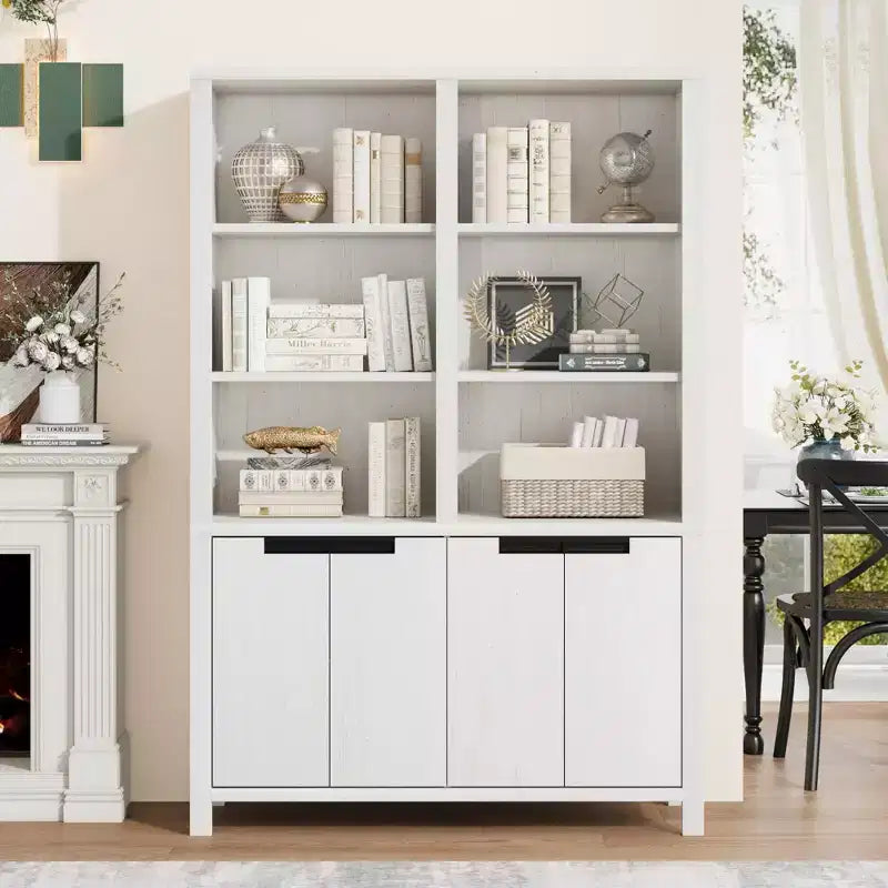 70.7 Tall Bookshelf w/Doors & Adjustable Shelf, 5-Tier Double Wide Bookcase with Cabinet and Double Storage, Wooden Book Shelf Farmhouse Bookcase