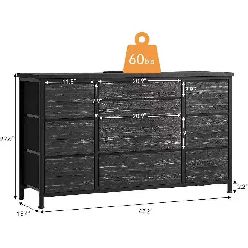 55'' Long TV Stand with Power Outlet Entertainment Center, Storage Fabric Drawer Unit for Bedroom, Wide Dresser with 10 Large Drawers