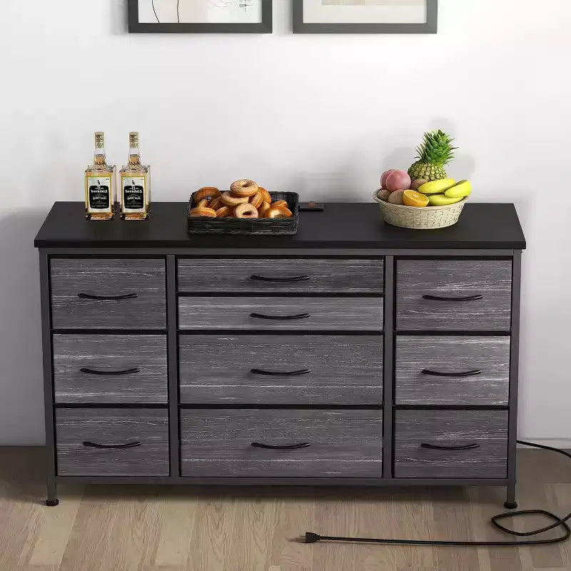 55'' Long TV Stand with Power Outlet Entertainment Center, Storage Fabric Drawer Unit for Bedroom, Wide Dresser with 10 Large Drawers