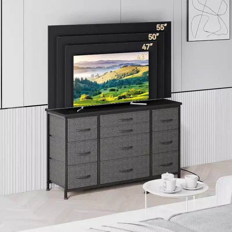 55'' Long TV Stand with Power Outlet Entertainment Center, Storage Fabric Drawer Unit for Bedroom, Wide Dresser with 10 Large Drawers