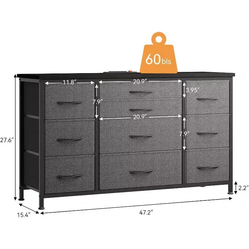 55'' Long TV Stand with Power Outlet Entertainment Center, Storage Fabric Drawer Unit for Bedroom, Wide Dresser with 10 Large Drawers