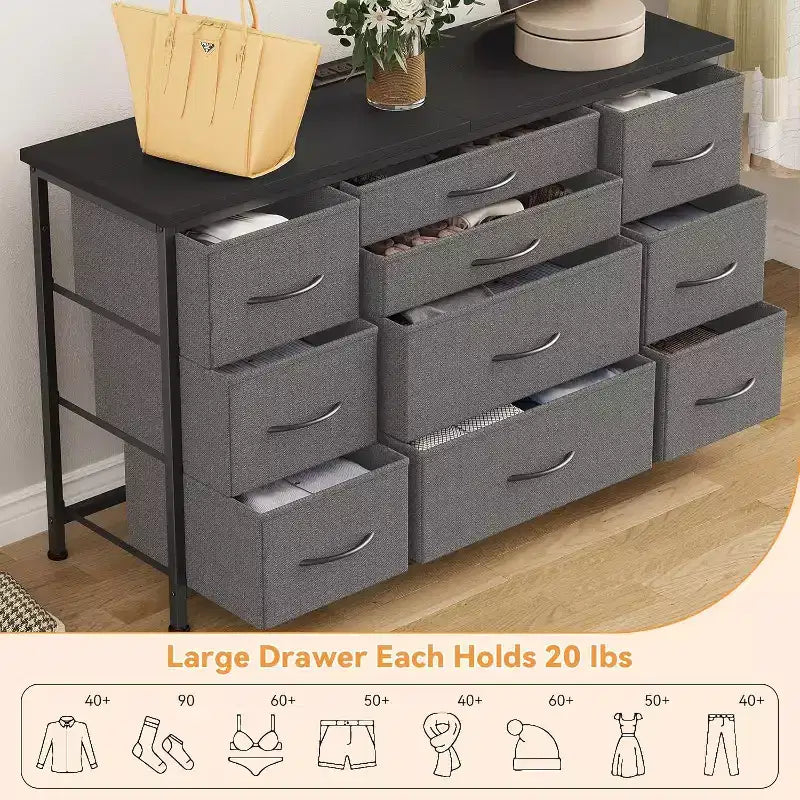 55'' Long TV Stand with Power Outlet Entertainment Center, Storage Fabric Drawer Unit for Bedroom, Wide Dresser with 10 Large Drawers