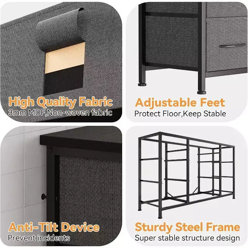 55'' Long TV Stand with Power Outlet Entertainment Center, Storage Fabric Drawer Unit for Bedroom, Wide Dresser with 10 Large Drawers