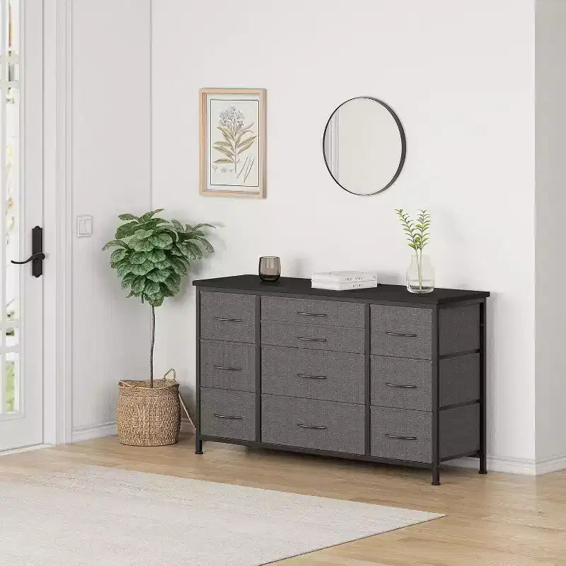 55'' Long TV Stand with Power Outlet Entertainment Center, Storage Fabric Drawer Unit for Bedroom, Wide Dresser with 10 Large Drawers