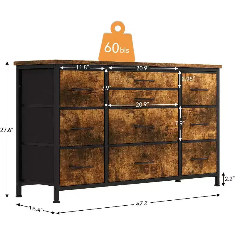 55'' Long TV Stand with Power Outlet Entertainment Center, Storage Fabric Drawer Unit for Bedroom, Wide Dresser with 10 Large Drawers