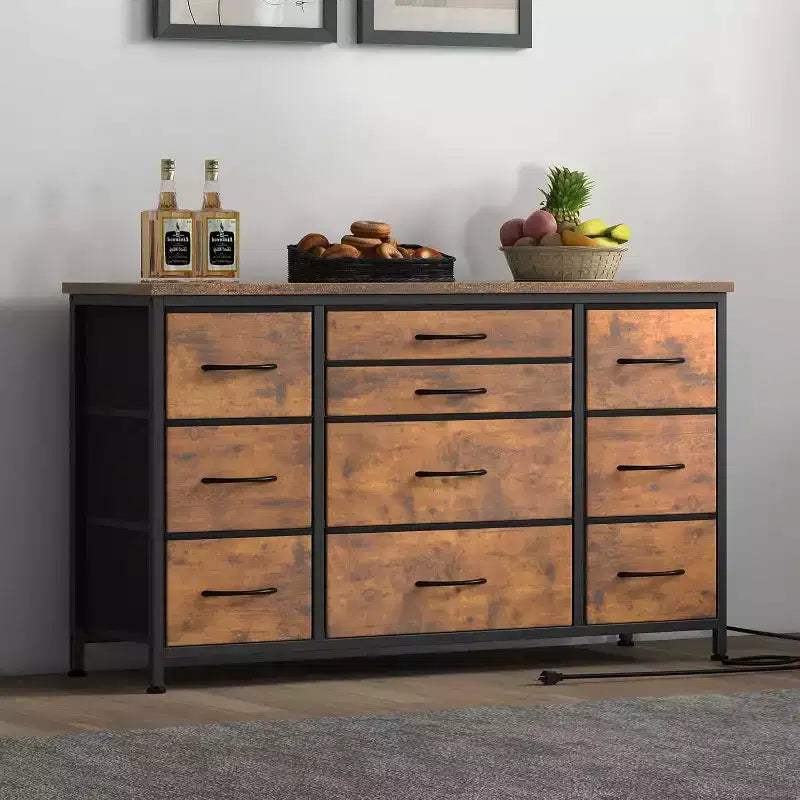 55'' Long TV Stand with Power Outlet Entertainment Center, Storage Fabric Drawer Unit for Bedroom, Wide Dresser with 10 Large Drawers