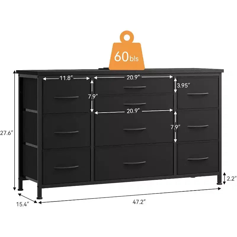 55'' Long TV Stand with Power Outlet Entertainment Center, Storage Fabric Drawer Unit for Bedroom, Wide Dresser with 10 Large Drawers
