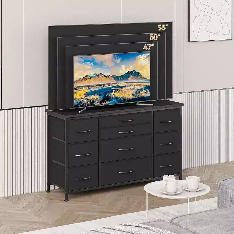 55'' Long TV Stand with Power Outlet Entertainment Center, Storage Fabric Drawer Unit for Bedroom, Wide Dresser with 10 Large Drawers