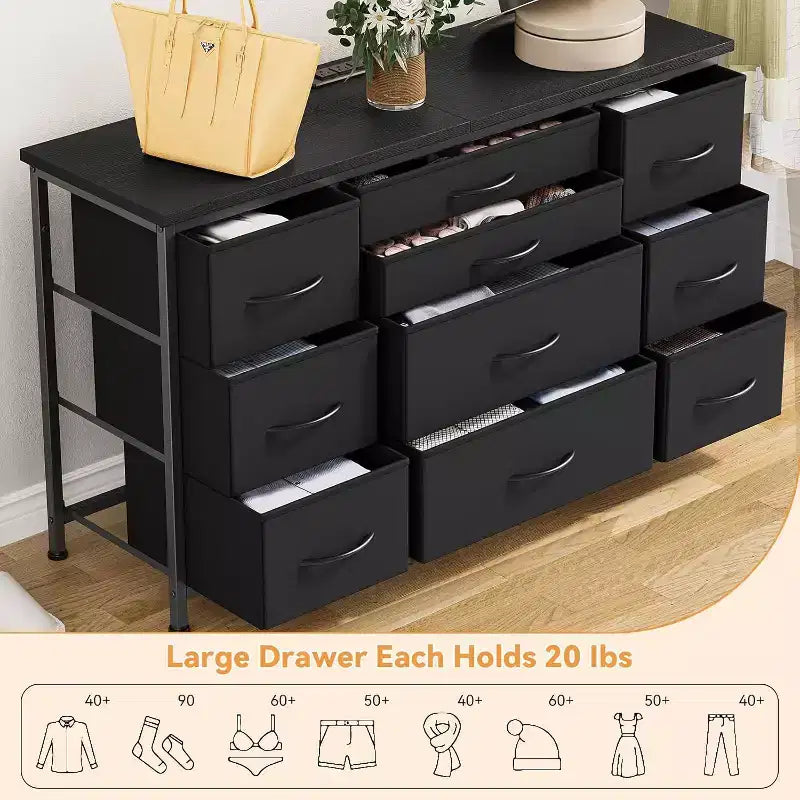 55'' Long TV Stand with Power Outlet Entertainment Center, Storage Fabric Drawer Unit for Bedroom, Wide Dresser with 10 Large Drawers