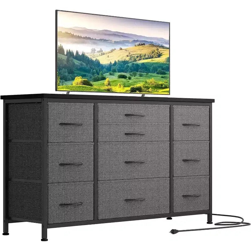 55'' Long TV Stand with Power Outlet Entertainment Center, Storage Fabric Drawer Unit for Bedroom, Wide Dresser with 10 Large Drawers