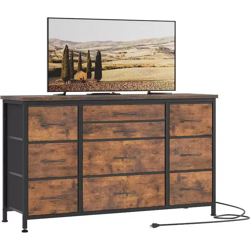 55'' Long TV Stand with Power Outlet Entertainment Center, Storage Fabric Drawer Unit for Bedroom, Wide Dresser with 10 Large Drawers