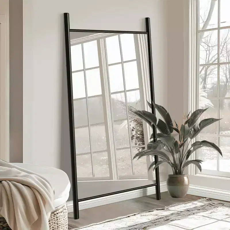 Full-Length Mirror Solid Wood Ladder Rectangle Walnut 63x24x1in No Stand
