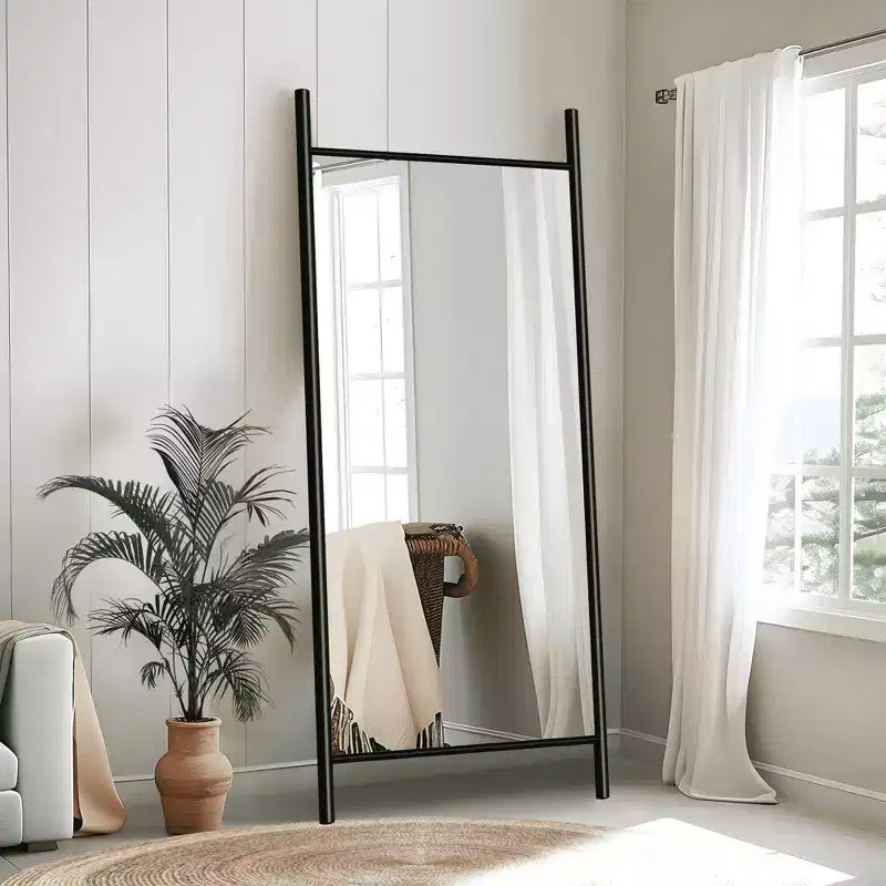 Full-Length Mirror Solid Wood Ladder Rectangle Walnut 63x24x1in No Stand