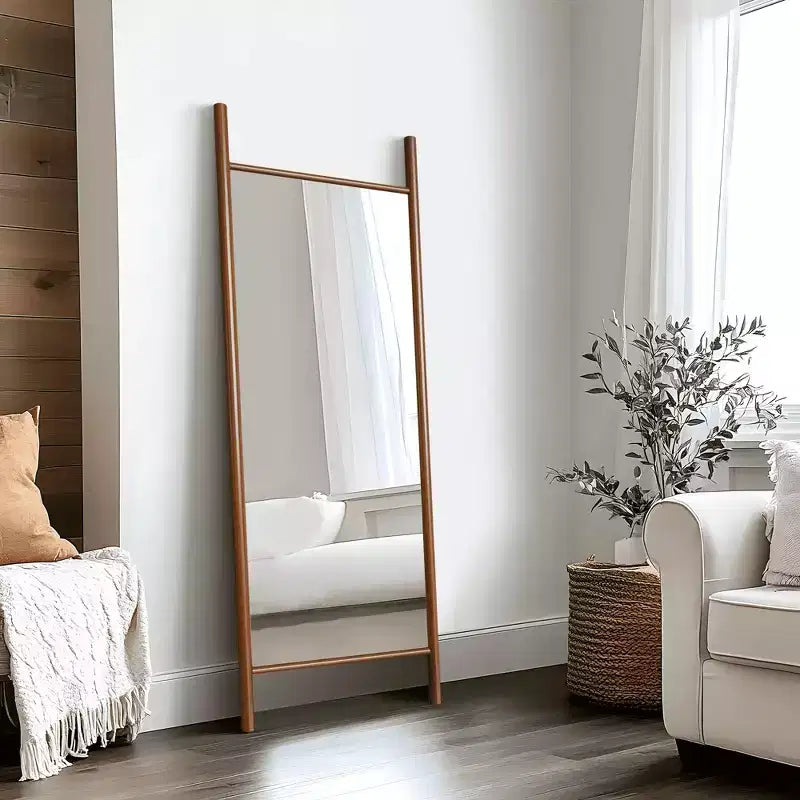 Full-Length Mirror Solid Wood Ladder Rectangle Walnut 63x24x1in No Stand