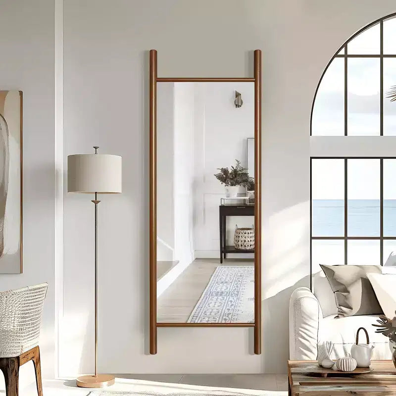 Full-Length Mirror Solid Wood Ladder Rectangle Walnut 63x24x1in No Stand