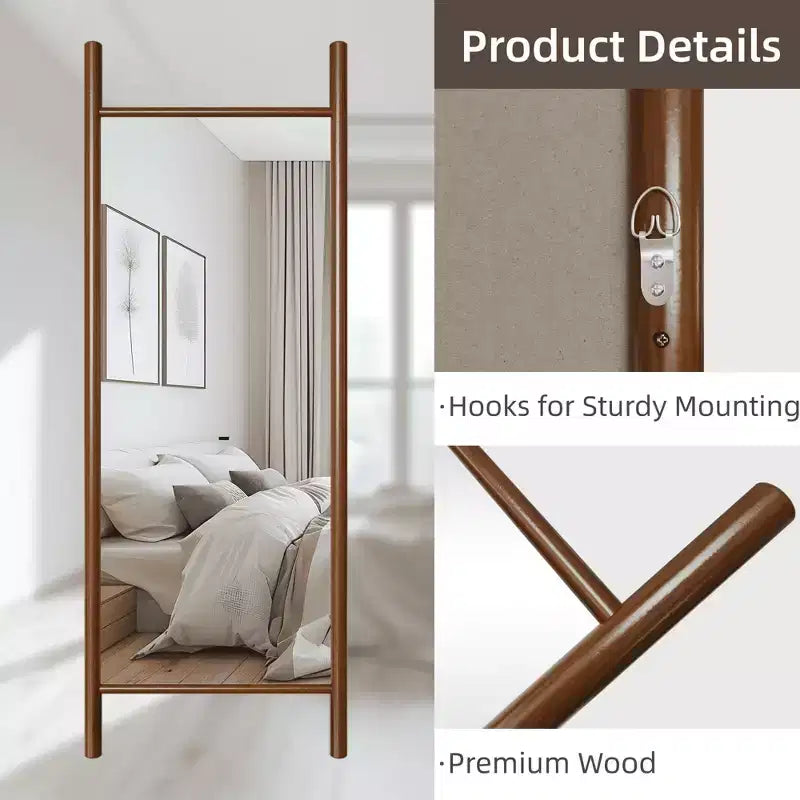 Full-Length Mirror Solid Wood Ladder Rectangle Walnut 63x24x1in No Stand