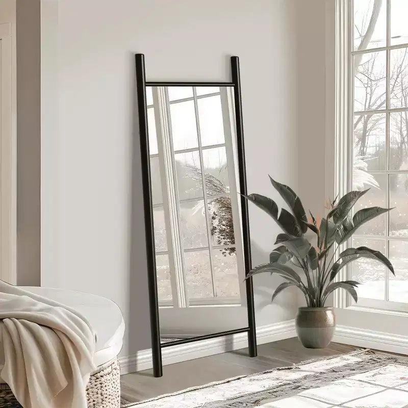 Full-Length Mirror Solid Wood Ladder Rectangle Walnut 63x24x1in No Stand