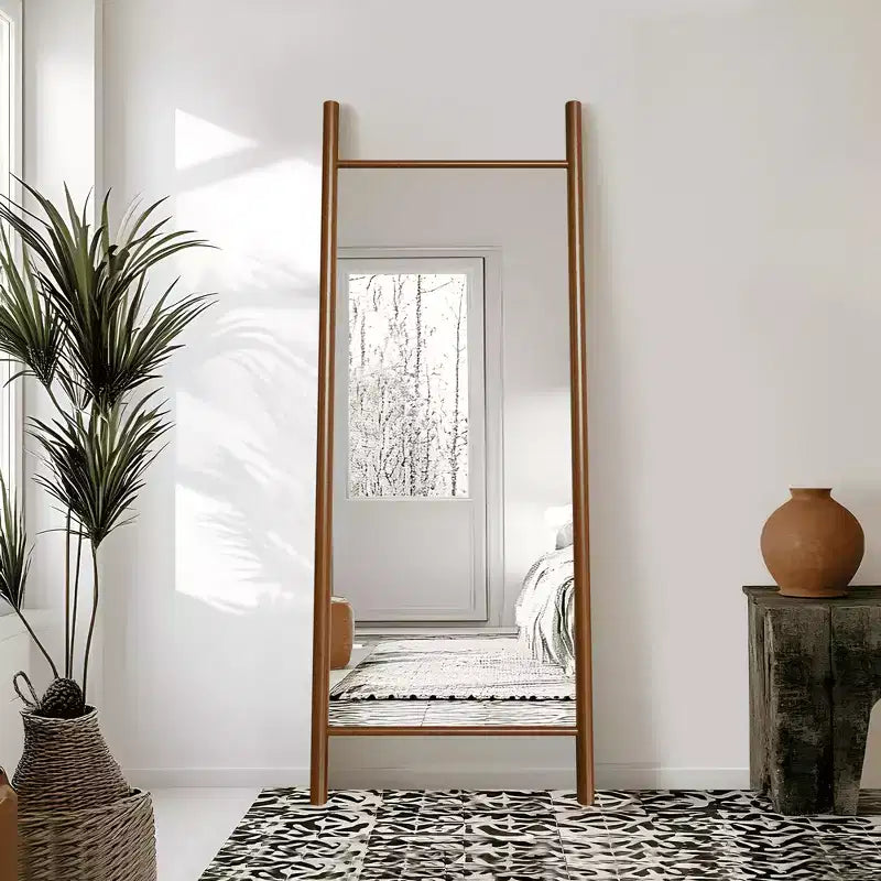 Full-Length Mirror Solid Wood Ladder Rectangle Walnut 63x24x1in No Stand