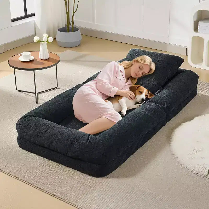 Chenille 5-Position Adjustable Foldable Sofa Dog Bed with Fluffy Pillows, Oversized Lounger for People and Pets