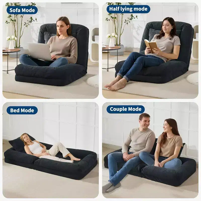 Chenille 5-Position Adjustable Foldable Sofa Dog Bed with Fluffy Pillows, Oversized Lounger for People and Pets