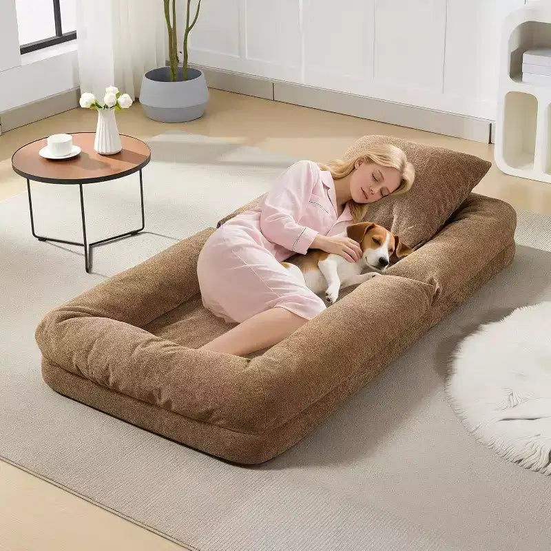Chenille 5-Position Adjustable Foldable Sofa Dog Bed with Fluffy Pillows, Oversized Lounger for People and Pets