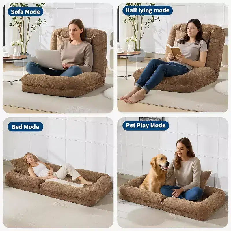 Chenille 5-Position Adjustable Foldable Sofa Dog Bed with Fluffy Pillows, Oversized Lounger for People and Pets