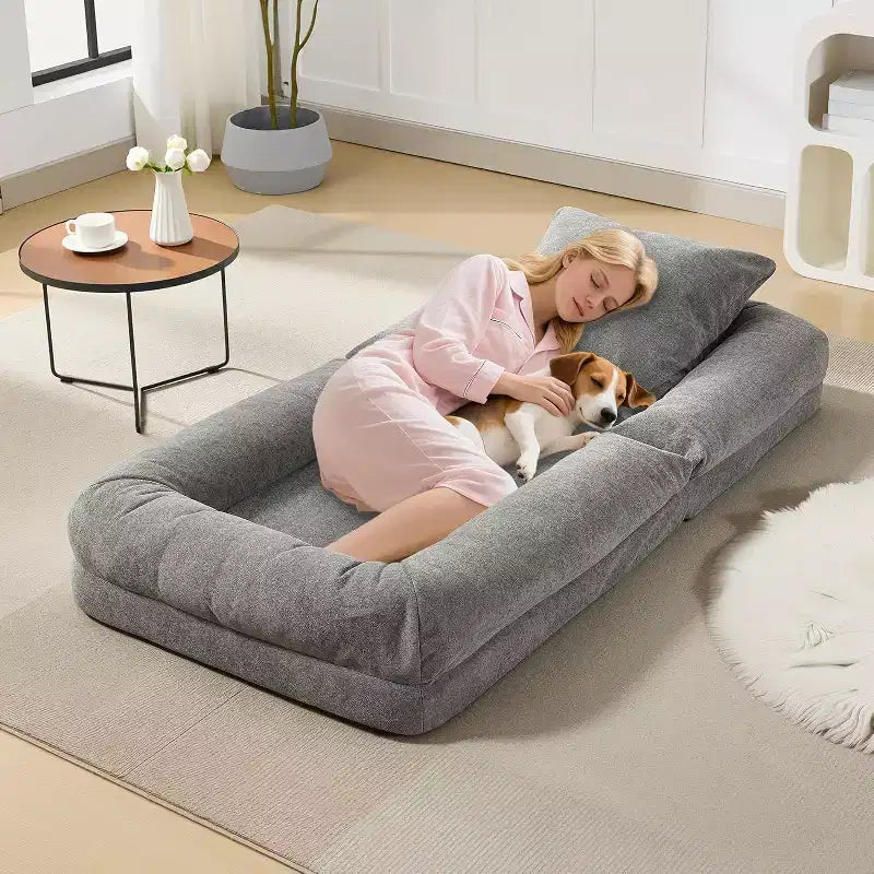 Chenille 5-Position Adjustable Foldable Sofa Dog Bed with Fluffy Pillows, Oversized Lounger for People and Pets
