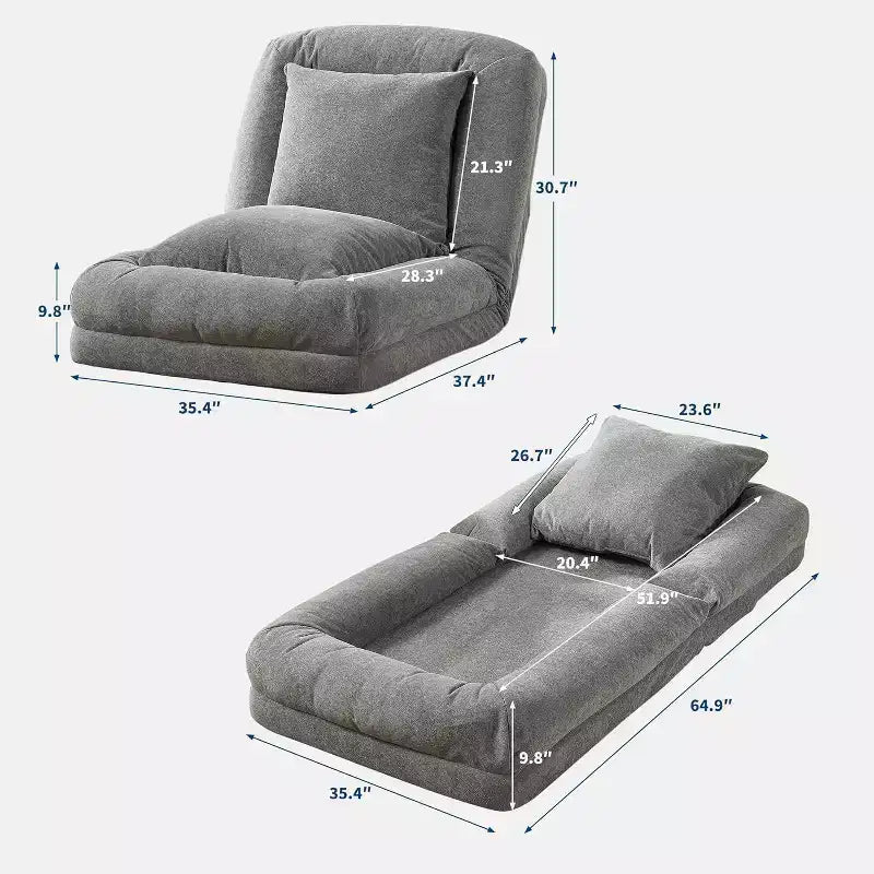 Chenille 5-Position Adjustable Foldable Sofa Dog Bed with Fluffy Pillows, Oversized Lounger for People and Pets