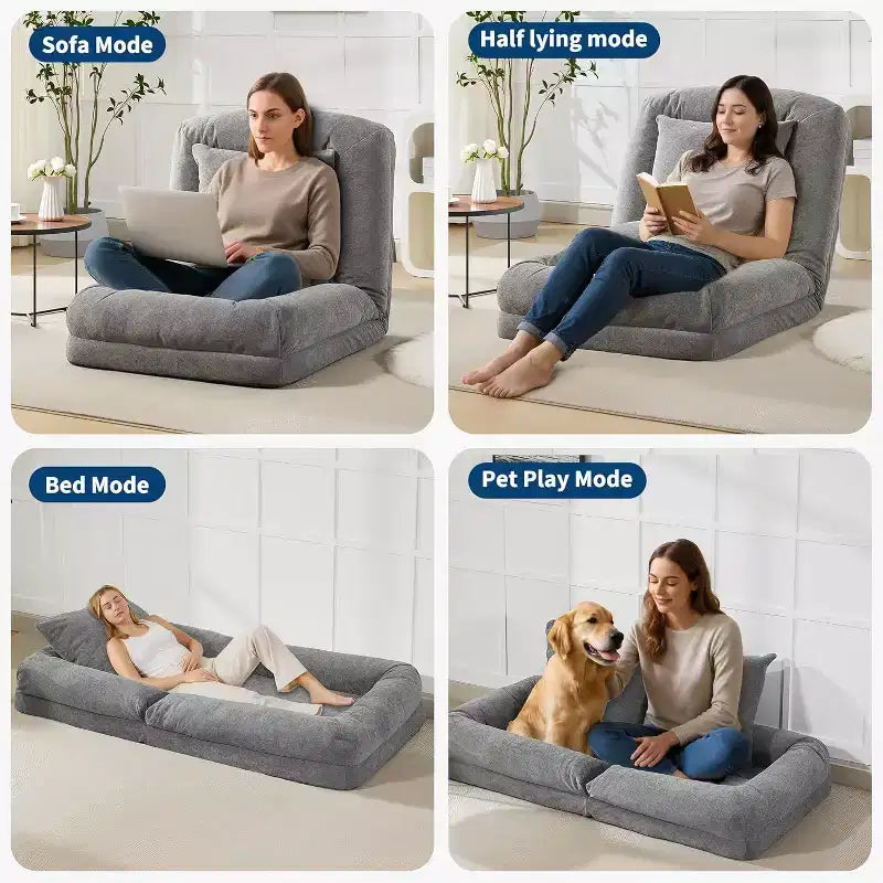 Chenille 5-Position Adjustable Foldable Sofa Dog Bed with Fluffy Pillows, Oversized Lounger for People and Pets