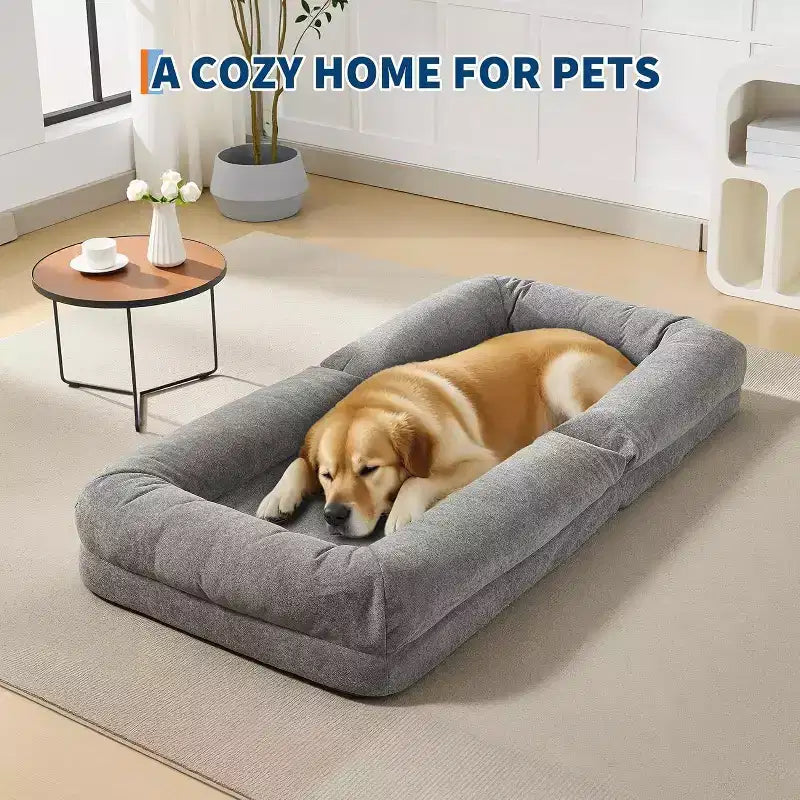Chenille 5-Position Adjustable Foldable Sofa Dog Bed with Fluffy Pillows, Oversized Lounger for People and Pets