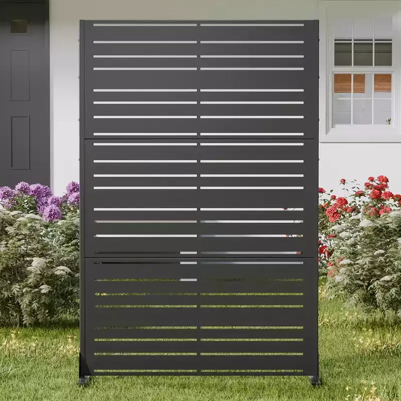 Outdoor Metal Privacy Screen 6ft 4ft Black, 6-Panel Wide-Narrow Louvered Galvanized Iron for Garden