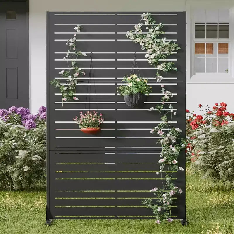 Outdoor Metal Privacy Screen 6ft 4ft Black, 6-Panel Wide-Narrow Louvered Galvanized Iron for Garden